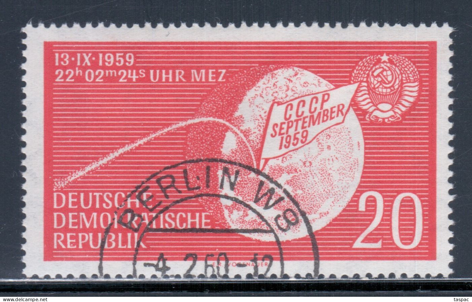 East Germany / DDR 1959 Mi# 721 Used - Landing Of The Soviet Rocket Lunik 2 On The Moon / Space - Usati