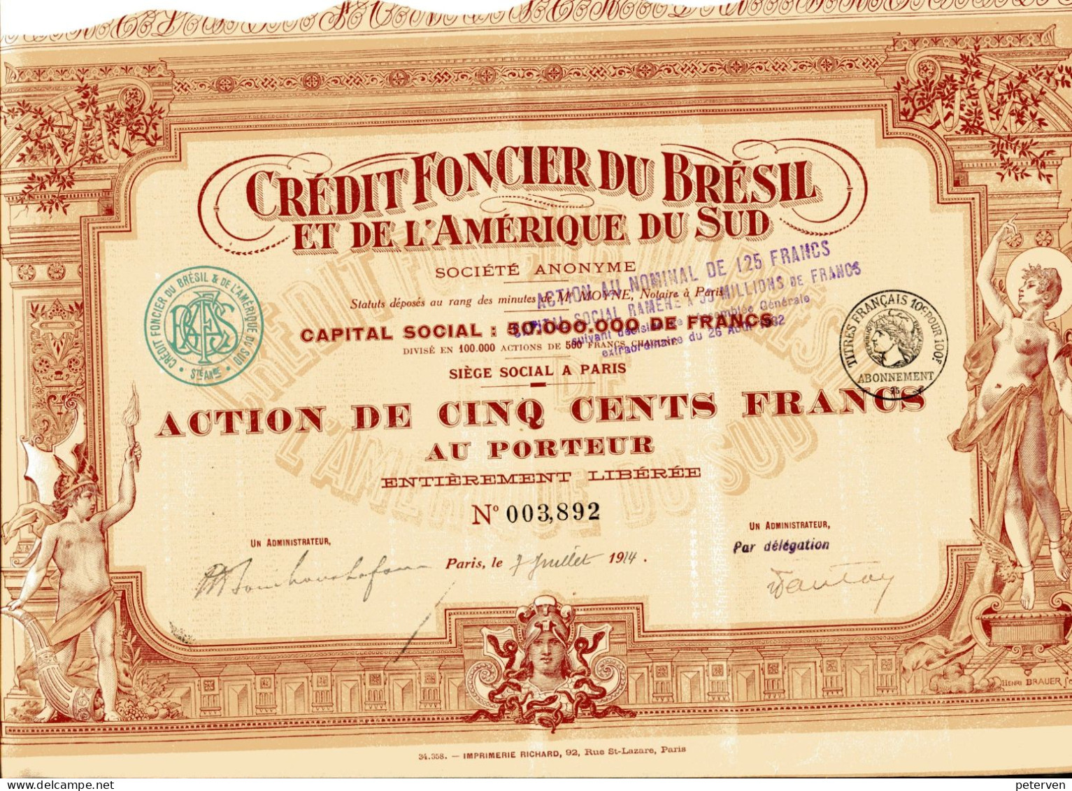 Crédit Foncier Du Brésil Et De L'Amérique Du Sud; Action  (Imprimerie Richard) 1914 - Sin Clasificación