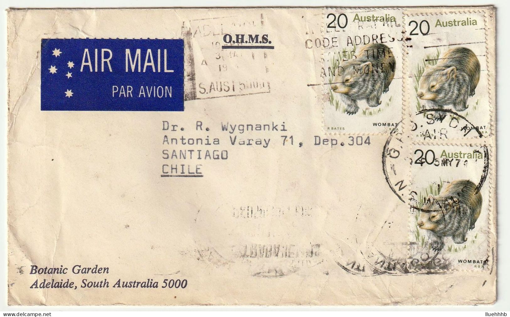 AUSTRALIA: 1974 Airmail Cover To CHILE, 3x 20c Wombat - Covers & Documents