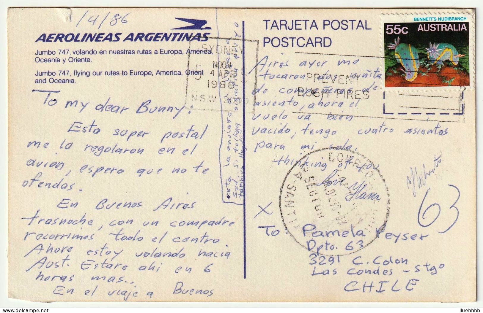 AUSTRALIA: 55c Nudibranch Solo Usage On 1986 Postcard To CHILE - Cartas & Documentos