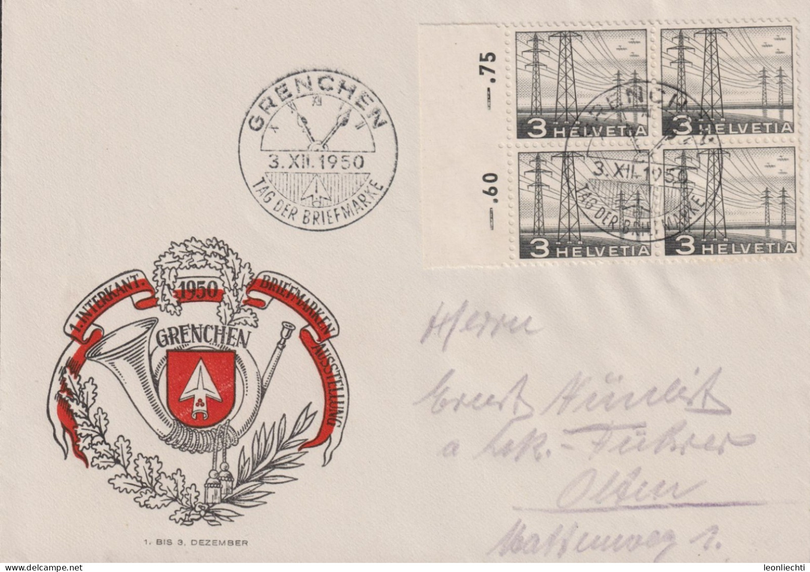 1949/50 Schweiz, Brief 1. Interkantonale Briefmarkenausstellung Grenchen, Tag Der Briefmarke, Zum:CH 297, Mi:CH 529, - Storia Postale