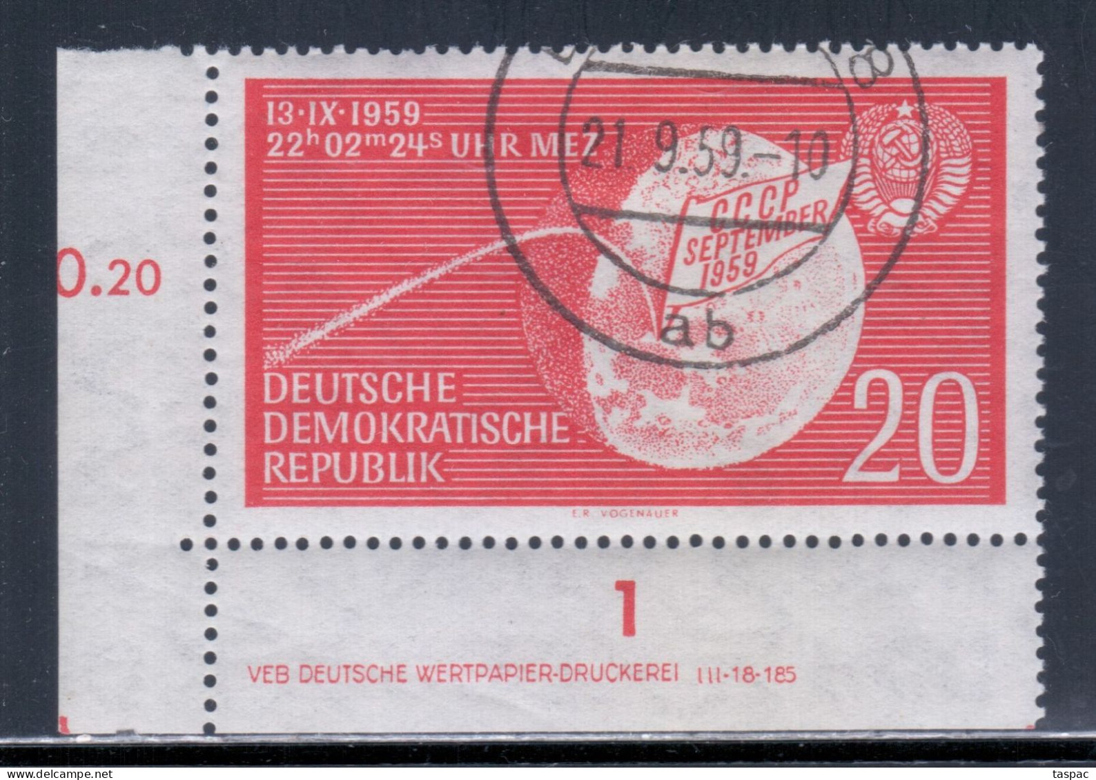 East Germany / DDR 1959 Mi# 721 DV Used - Landing Of The Soviet Rocket Lunik 2 On The Moon / Space - Used Stamps