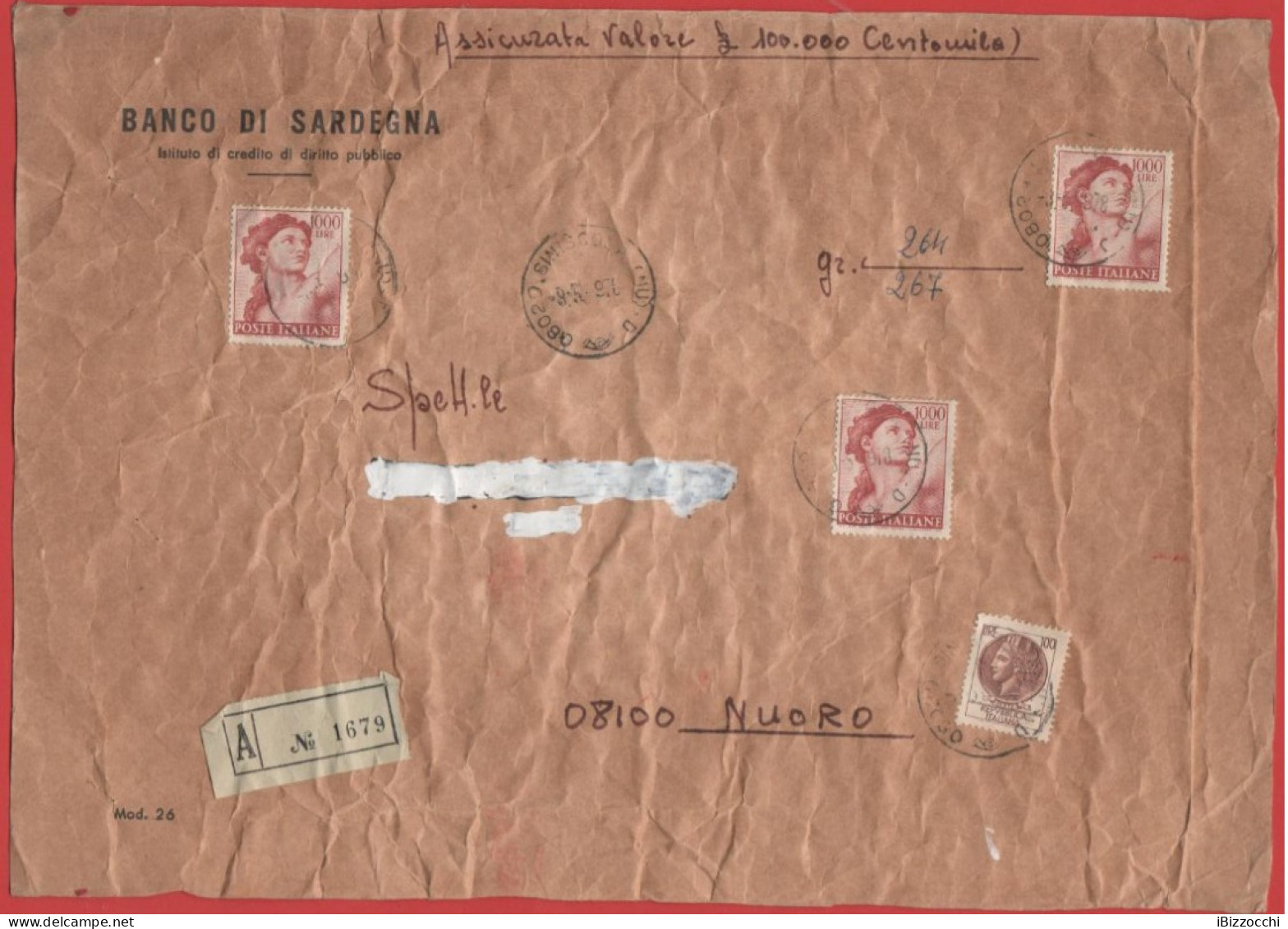 ITALIA - Storia Postale Repubblica - 1978 - 3x 1000 Michelangiolesca + 100 Siracusana - Assicurata - Solo Frontespizio - - 1971-80: Storia Postale