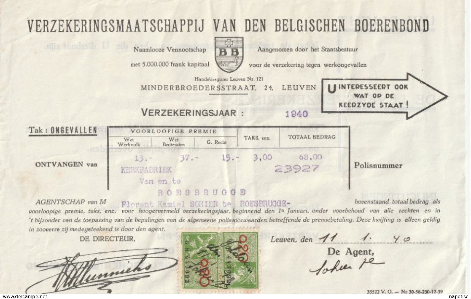 104-Verzekeringsmaatshappij Van Den Belgischen Boerenbond....Leuven-Louvain...Belgique-Belgie.....1940 - Bank En Verzekering