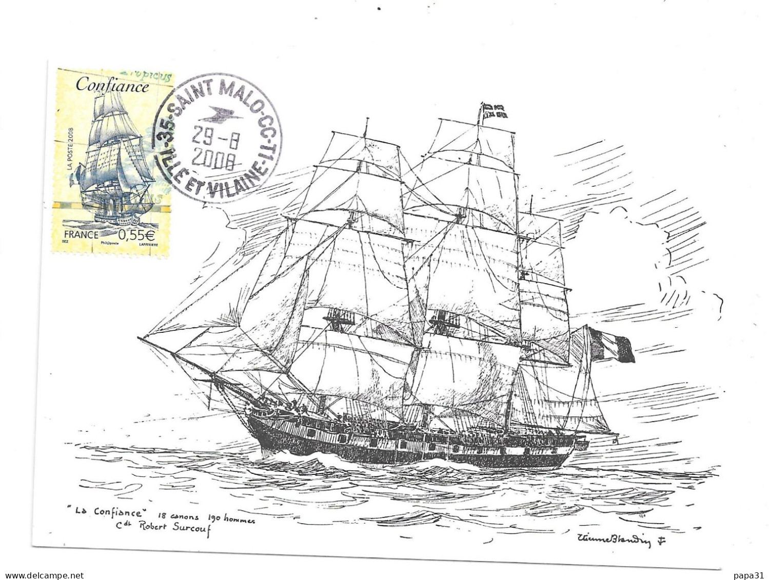 "R.Surcouf Sur La Confiance"  - Illustration  Etienne BLANDIN Avec Son Timbre - Sailing Vessels