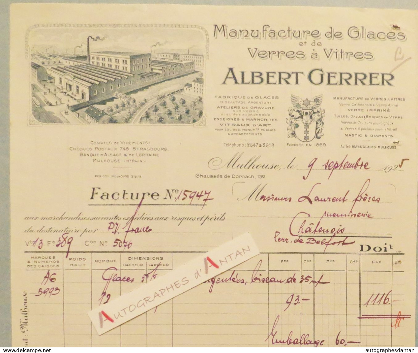 ● Albert GERRER Facture Mulhouse 1925 Manufacture De Glaces & Verres à Vitres > Chatenois - Haut Rhin 68 - 1900 – 1949