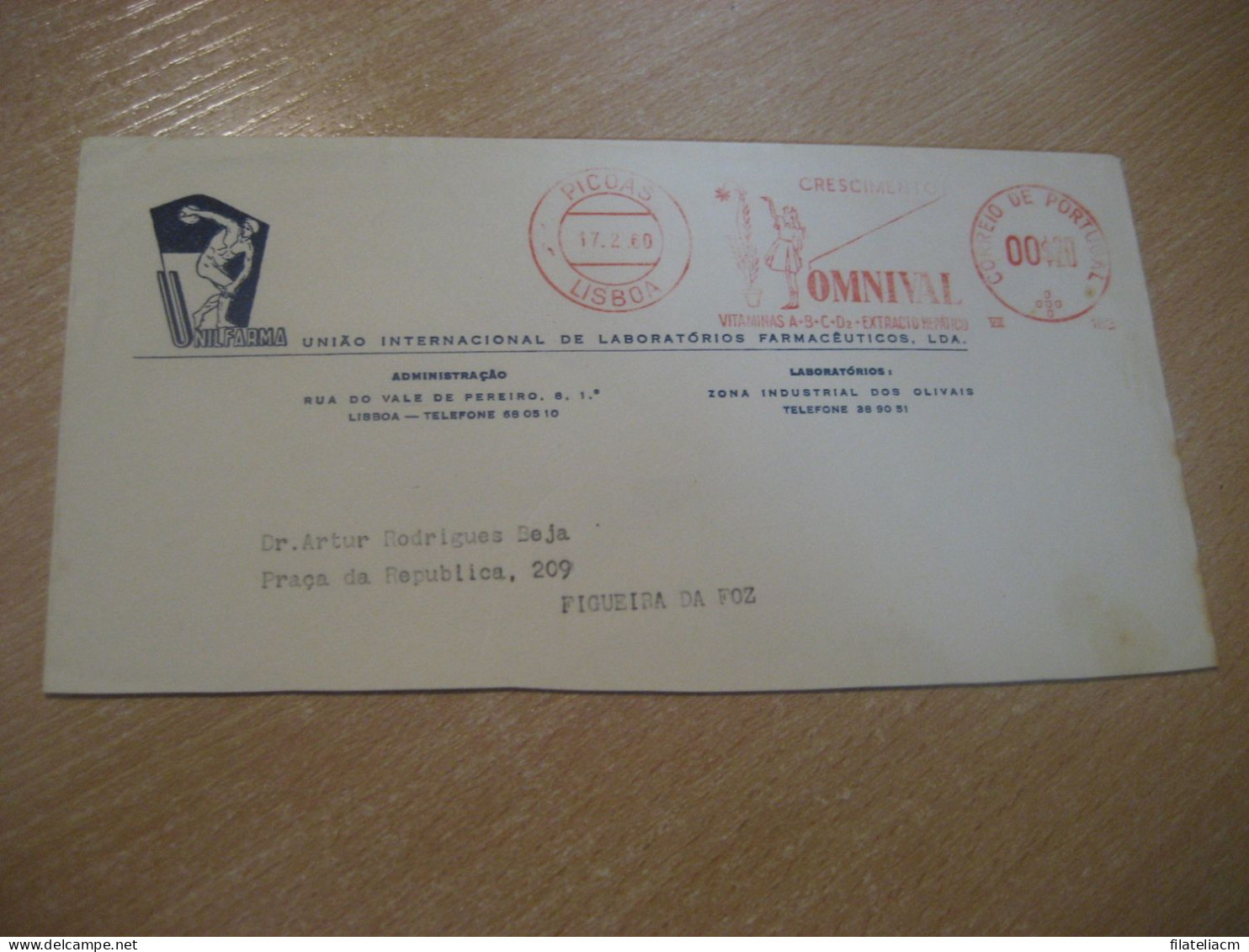 LISBOA 1960 To Figueira Da Foz OMNIVAL Vitaminas Hepatico Unilfarma Pharmacy Health Meter Mail Cancel Cut Cover PORTUGAL - Storia Postale