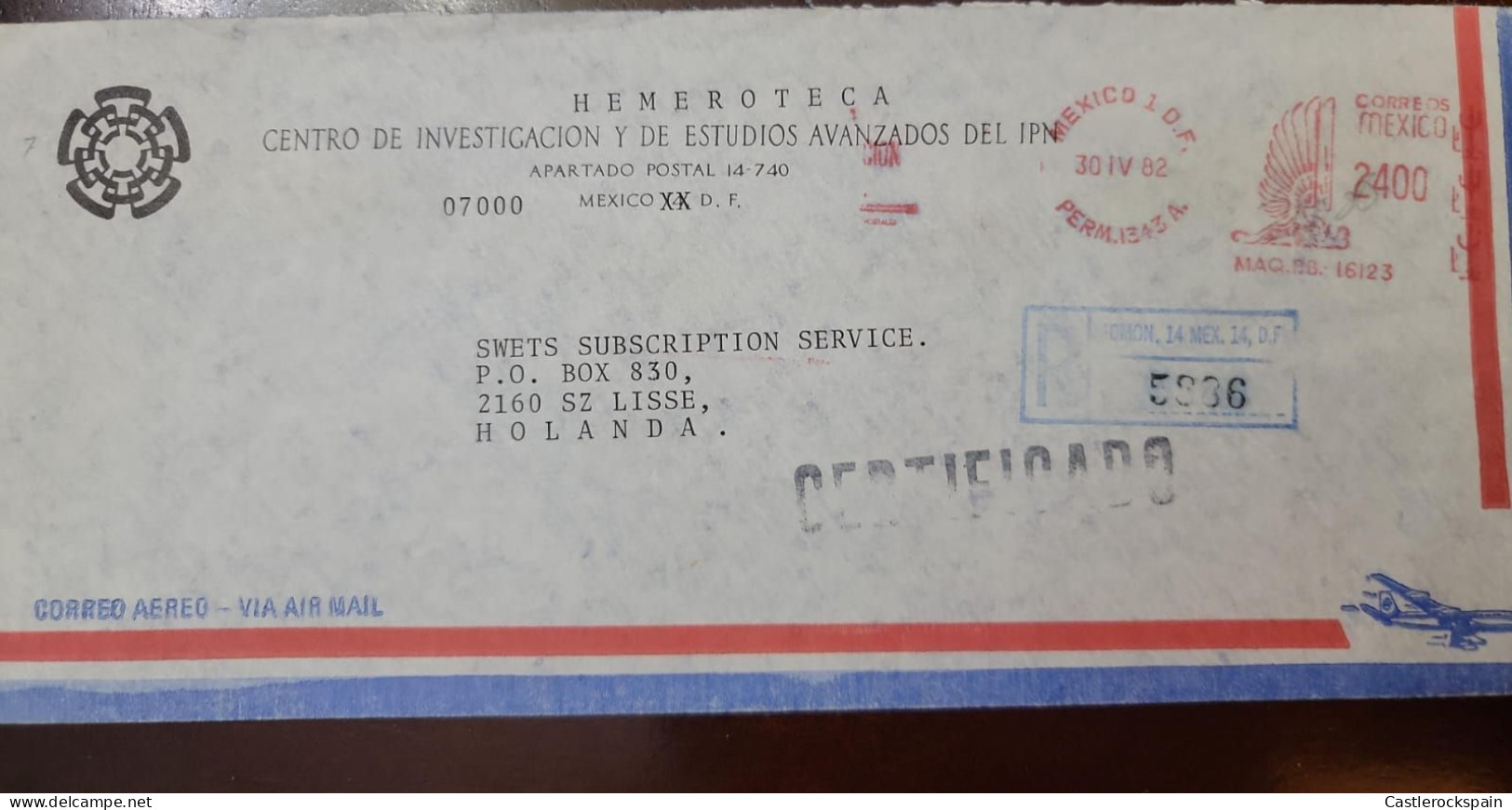 O) 1982 MEXICO,  METERSTAMP, CERTIFICATE, HEMEROTECA  - CENTRO DE INVESTIGACIO Y DE ESTUDIOS, CIRCULATED COVER TO HOLLAN - Mexique