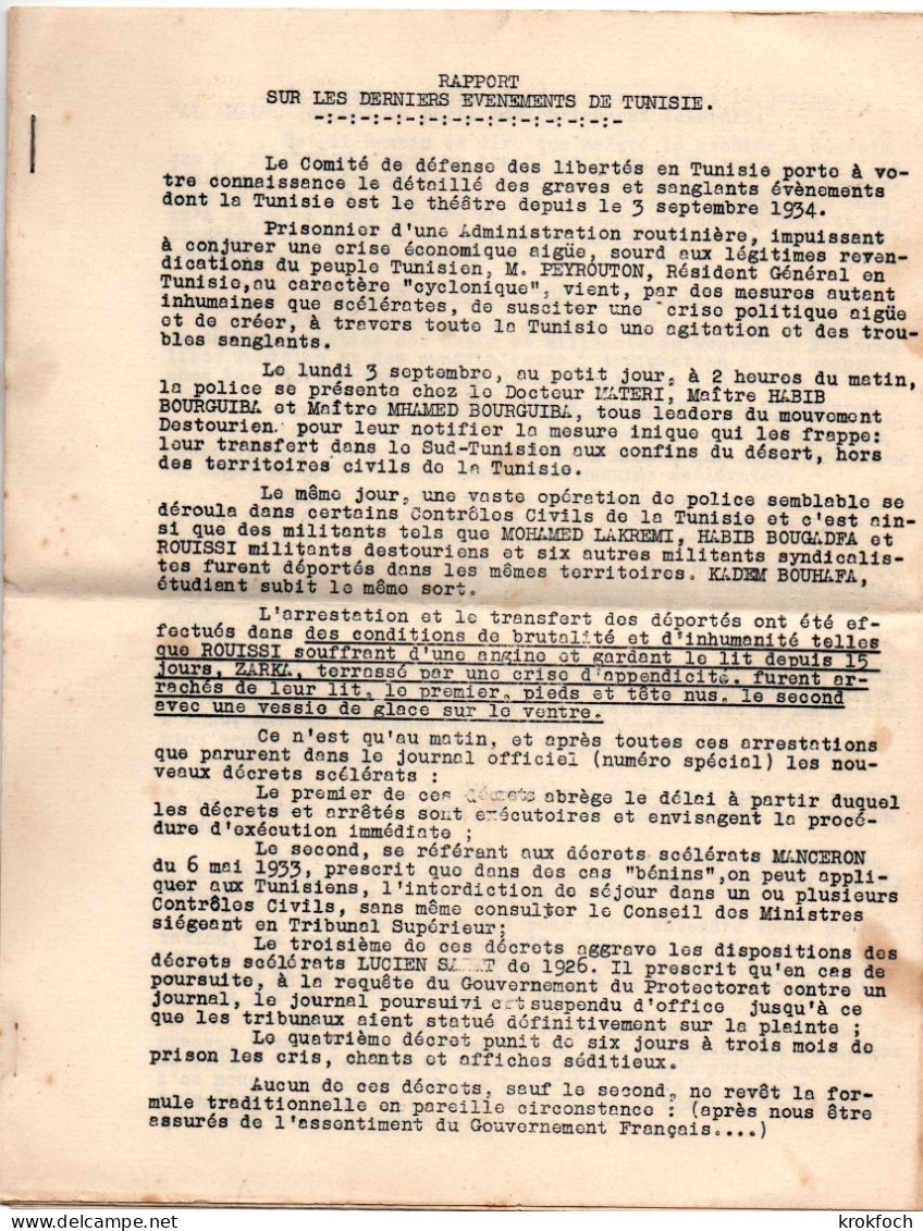 Tunisie 1934 - Tapuscrit Du Comité De Défense Des Libertés - 8 P - Agitation & Répression - Bourguiba Destour - Documents Historiques