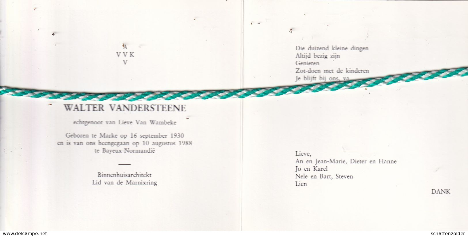 Walter Vandersteene-Van Wambeke, Marke 1930, Bayeux-Normandië 1988. Binnenhuisarchitect. AVV VVK. Foto - Obituary Notices