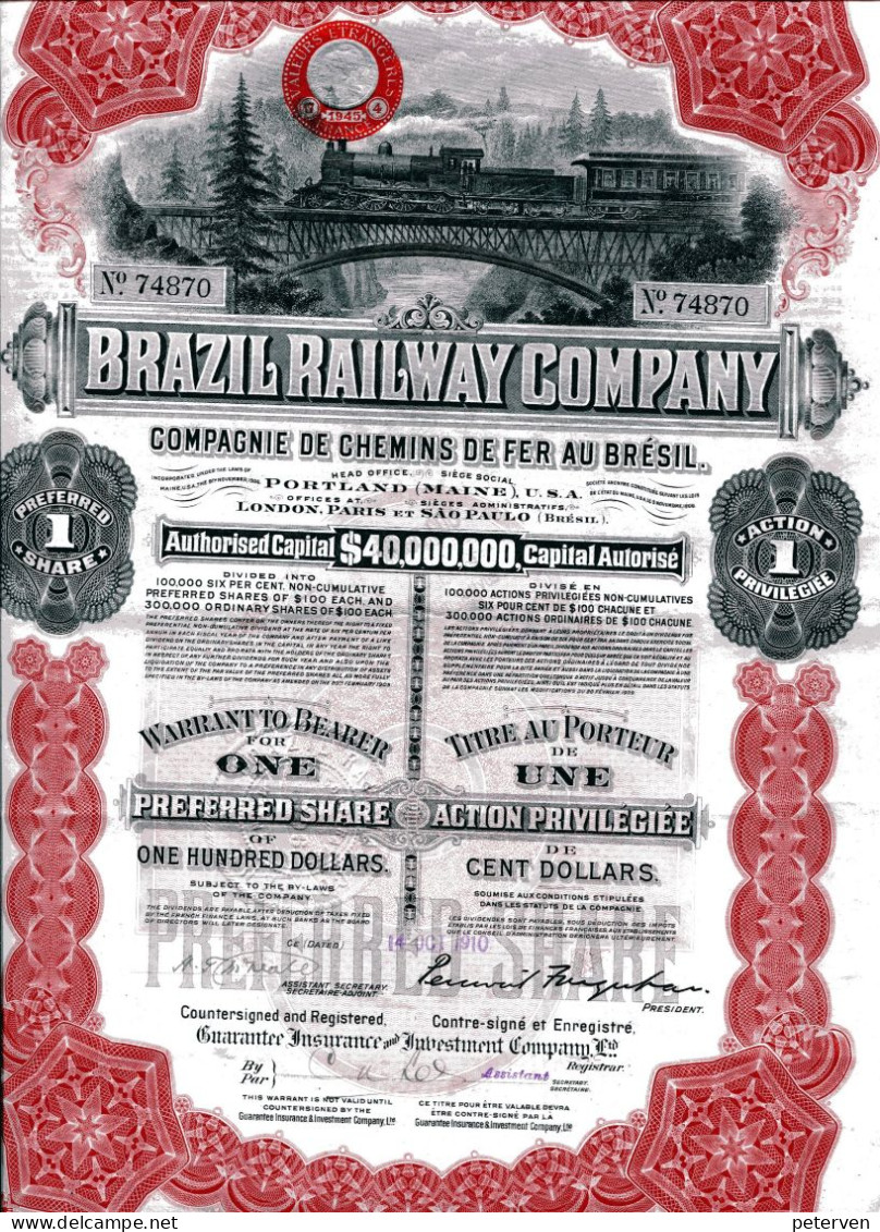 BRAZIL RAILWAY COMPANY; One Preferred Share - Non Classés