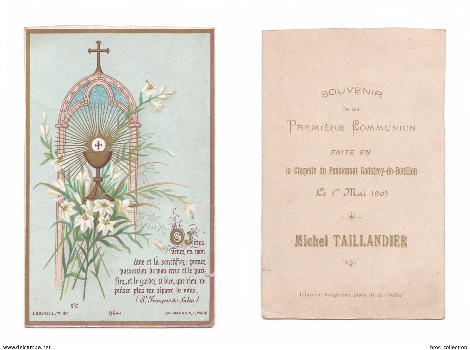 Clermont-Ferrand, 1re Communion De Michel Taillandier, 1907, Pensionnat Godefroy-de-Bouillon, Saint François De Sales - Devotieprenten