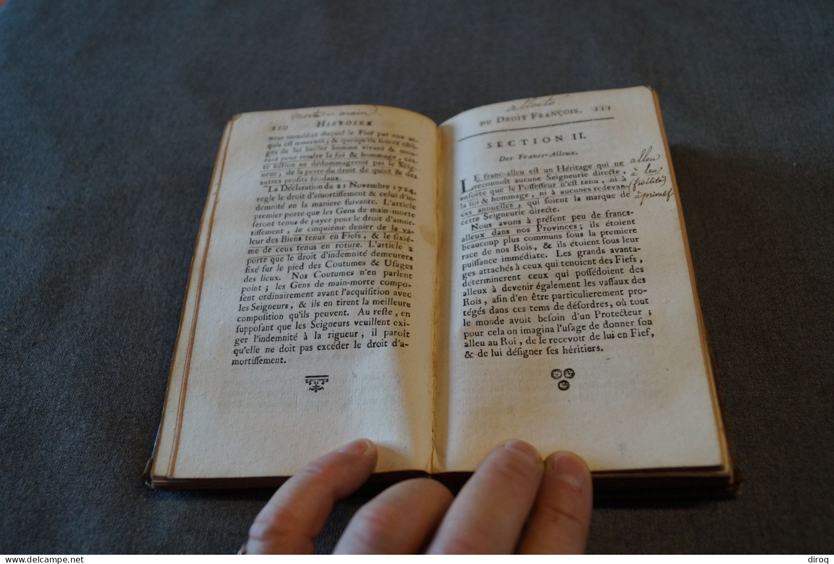 RARE,1753,Histoire et éléments Droit François,444 pages + table,17 Cm./10 Cm.