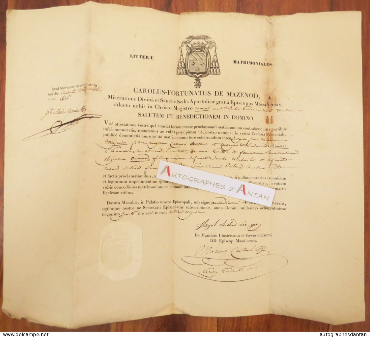 ● Charles Fortuné De MAZENOD Document 1835 En Latin établi à Marseille Massiliae Né Aix En Provence Sceau Lettre Mariage - Personnages Historiques