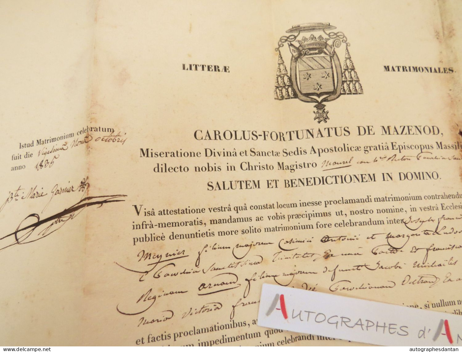 ● Charles Fortuné De MAZENOD Document 1835 En Latin établi à Marseille Massiliae Né Aix En Provence Sceau Lettre Mariage - Personajes Historicos