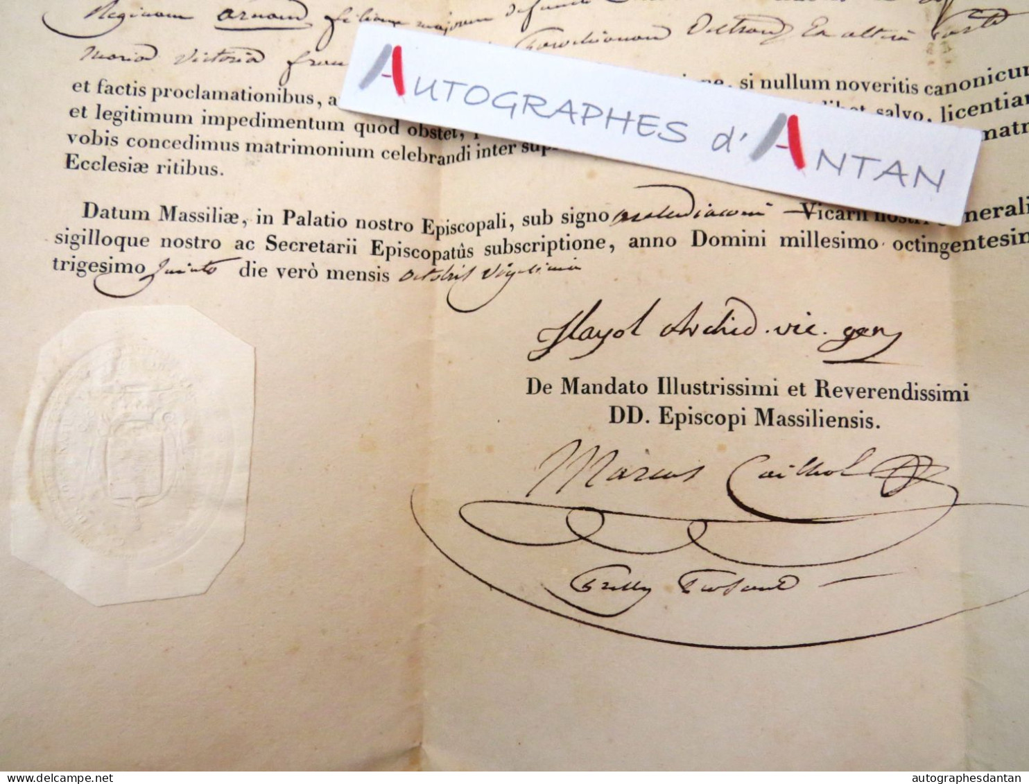 ● Charles Fortuné De MAZENOD Document 1835 En Latin établi à Marseille Massiliae Né Aix En Provence Sceau Lettre Mariage - Personnages Historiques