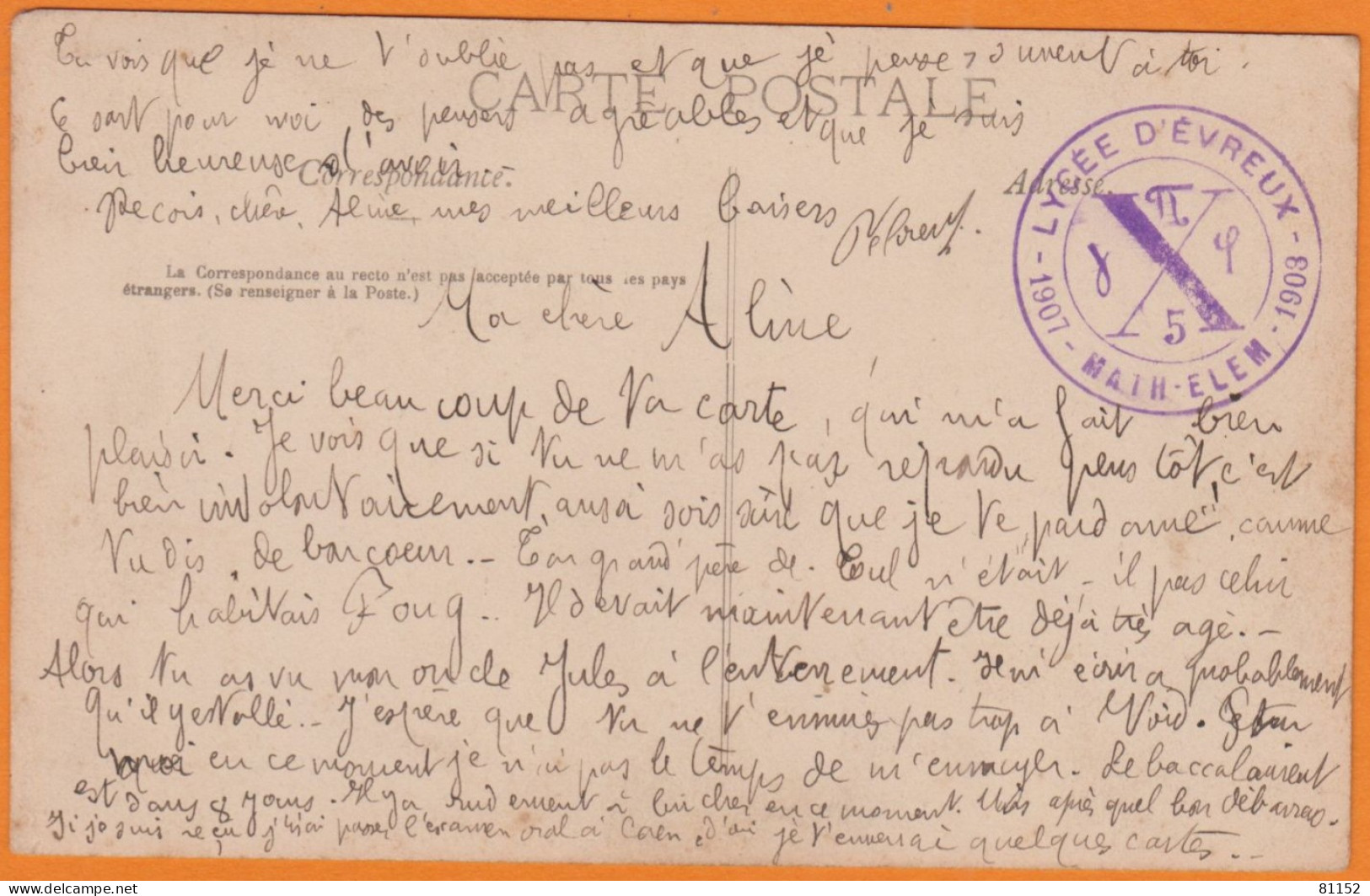 CPA De EVREUX Gare  Le Clos Hutin   Mai 1908   Avec Un  Cachet Rare Du " Lycée D'Evreux  MATH-ELEM 1907-1908 " - Evreux