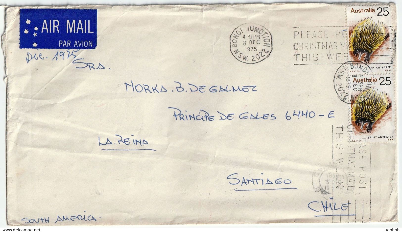 AUSTRALIA: 2x 25c Anteater On 1975 Airmail Cover To CHILE - Lettres & Documents