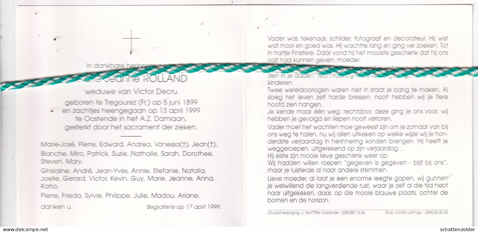 Marie-Jeanne Rolland-Decru, Tregourez (Fr) 1899, Oostende 1999. Foto - Obituary Notices