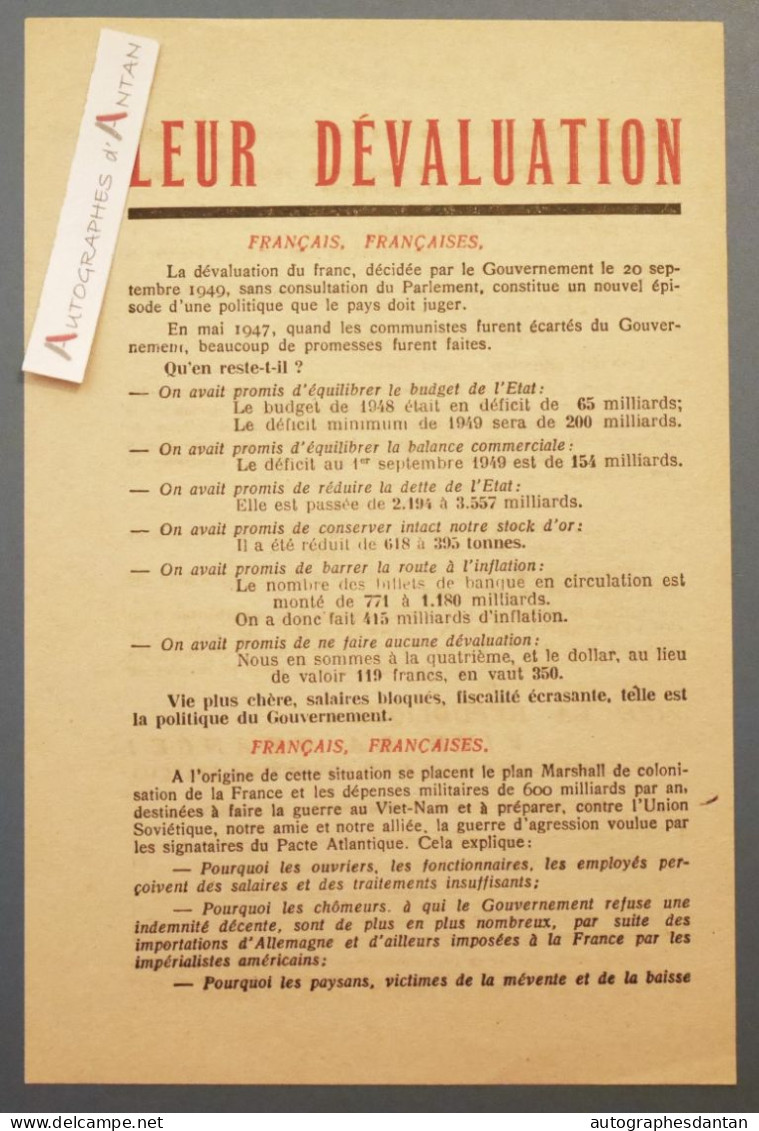 ● Parti Communiste Français - Tract Politique - Dévaluation Du Franc 1949 - Maurice Thorez - Communisme - Rare - Documents Historiques