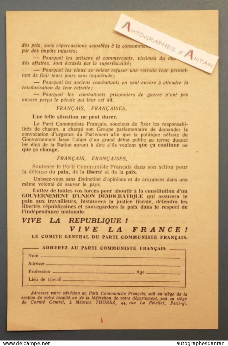 ● Parti Communiste Français - Tract Politique - Dévaluation Du Franc 1949 - Maurice Thorez - Communisme - Rare - Historical Documents