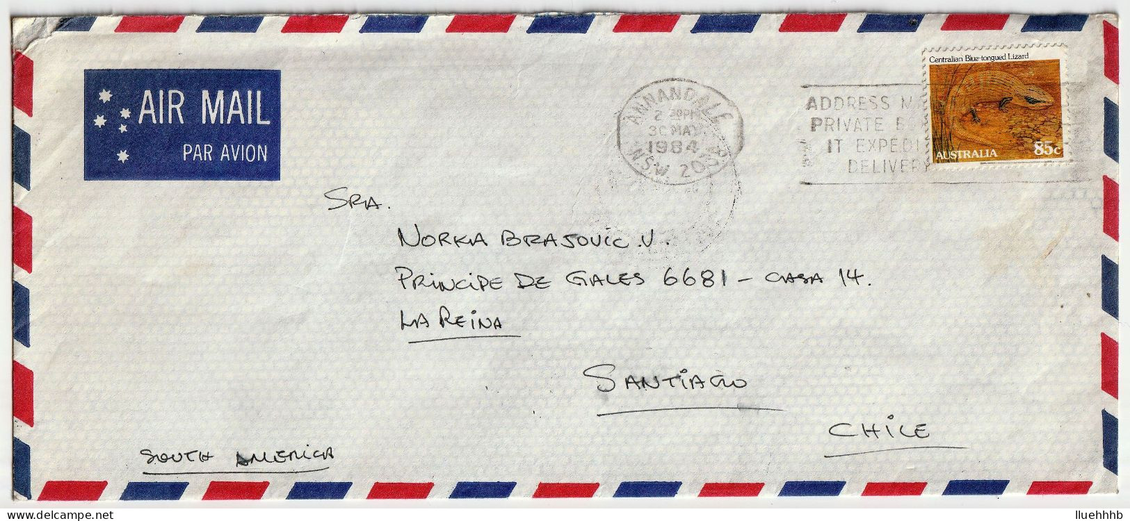 AUSTRALIA: 85c Lizard Solo Usage On 1984 Airmail Cover To CHILE - Brieven En Documenten