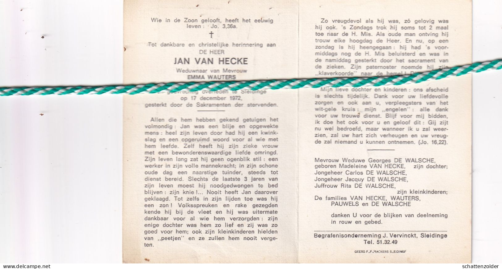 Jan Van Hecke-Wauters, Bassevelde 1883, Sleidinge 1972 - Obituary Notices