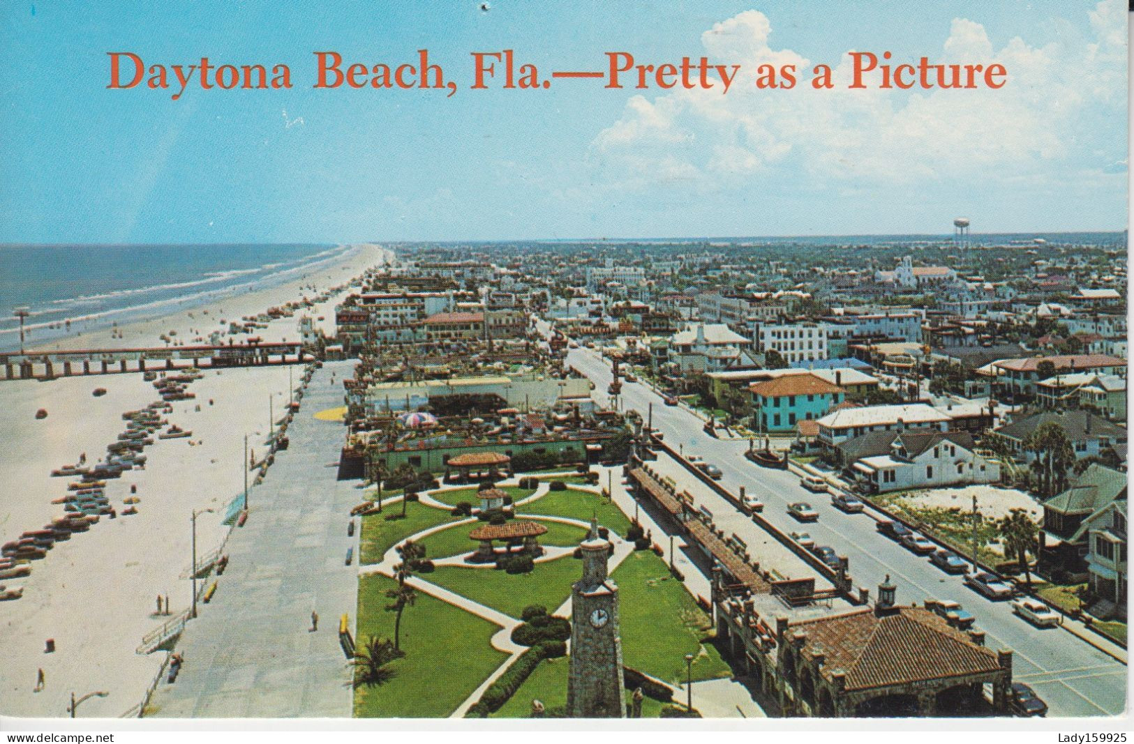 Daytona Beach Floride USA Aerial View Cars On The Beach, Quay Land Clock Main Street Water Tower Town Buildings 2 Sc - Daytona