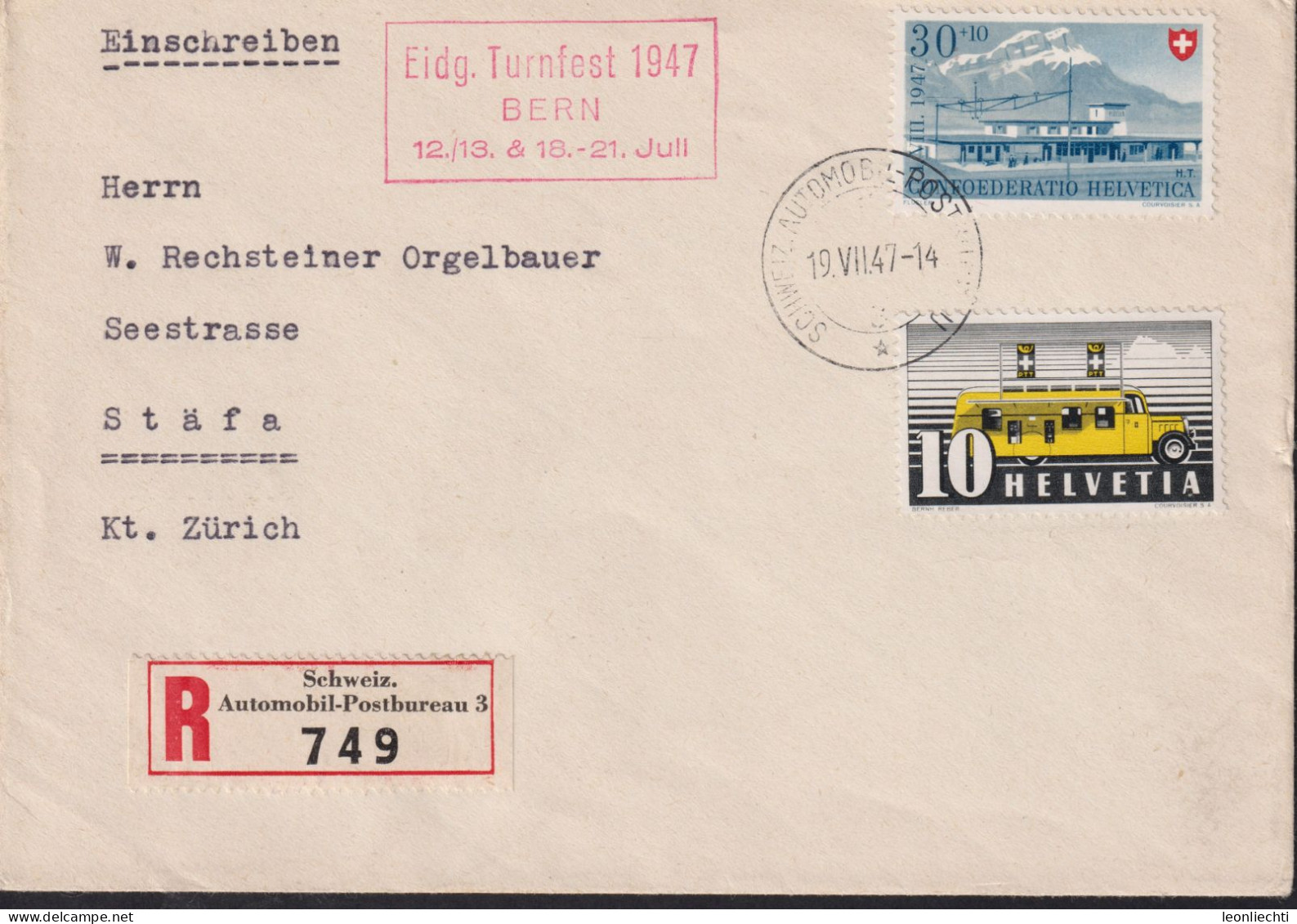 1947 Schweiz, R-Brief  Zum:CH 276+B37,Mi:CH 311ll+483,Station Flüelen, Automobilpost Stempel: Eidg. Turnfest 1947, Bern - Brieven En Documenten