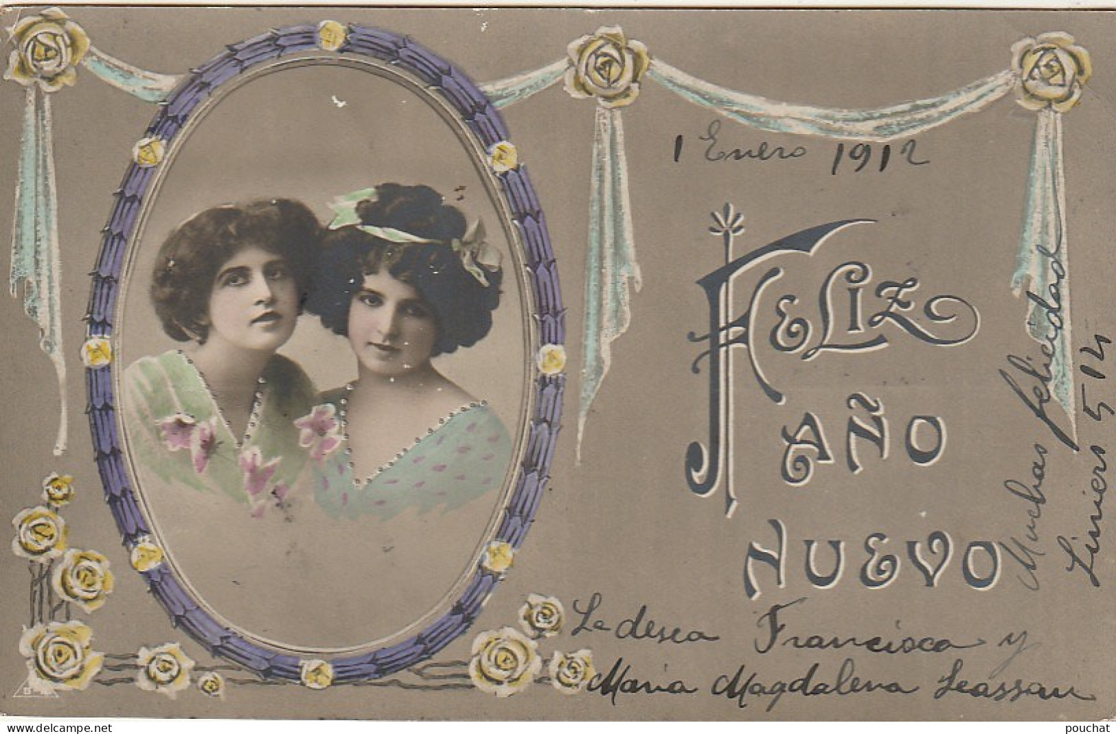 AA+ 11- " FELIZ ANO NUEVO " - CARTE FANTAISIE COLORISEE - MEDAILLON AVEC PORTRAITS DE FEMMES - DECOR STYLE ART NOUVEAU - New Year