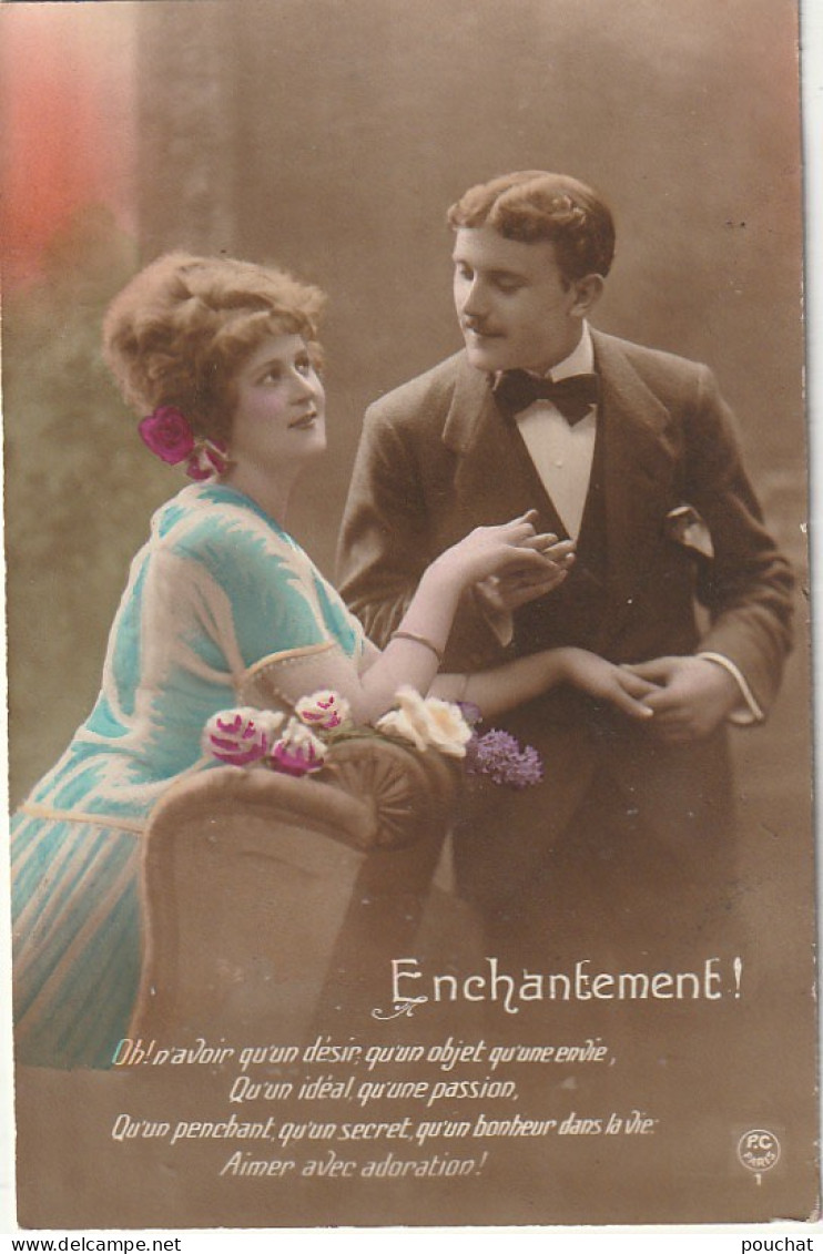 AA+ 12- " ENCHANTEMENT " -  COUPLE , SENTIMENTS , POEME - LOT DE 5 CARTES COLORISEES