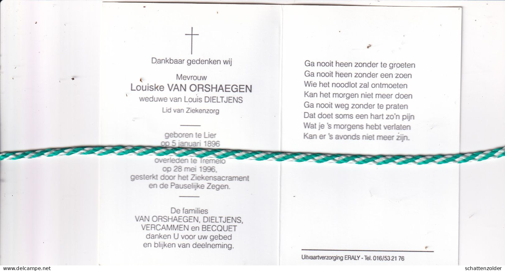 Louiske Van Orshaegen-Dieltjens, Lier 1896, Tremelo 1996. Honderdjarige. Foto - Overlijden