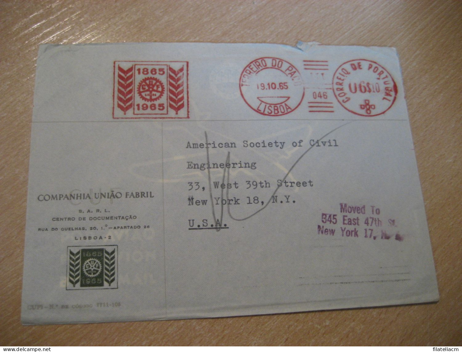 LISBOA 1965 To New York USA CUF Companhia Uniao Fabril Meter Mail Cancel Slight Faults Cover PORTUGAL - Lettres & Documents