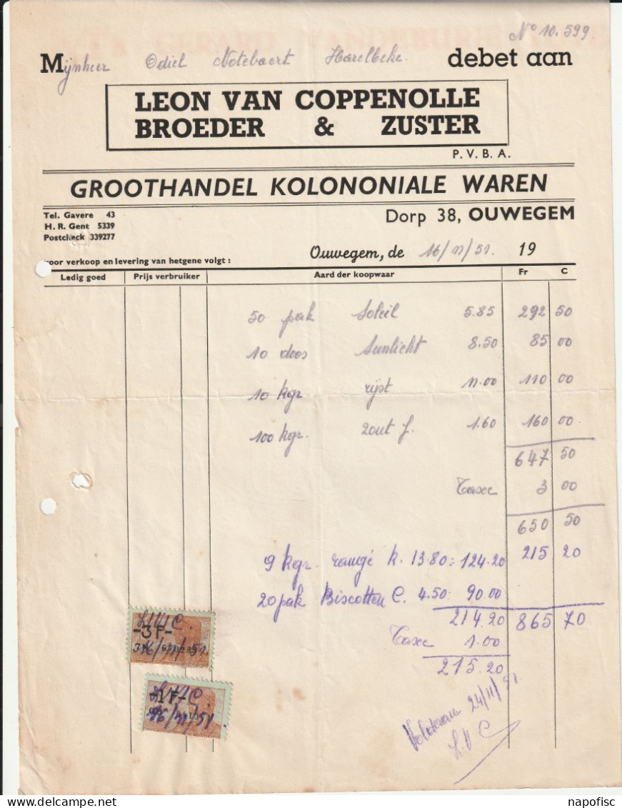 104-L.Van Coppenolle Broeder & Zuster...Groothandel Kolononiale Waren..Ouwegem...Belgique-Belgie.....1951 - Alimentos