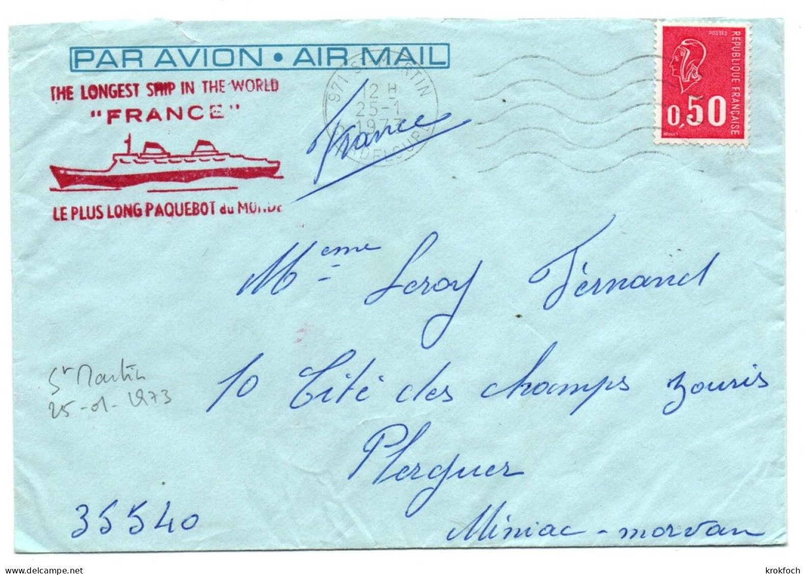 Paquebot France - Escale Saint-Martin Guadeloupe 01.1973 - Poste Maritime