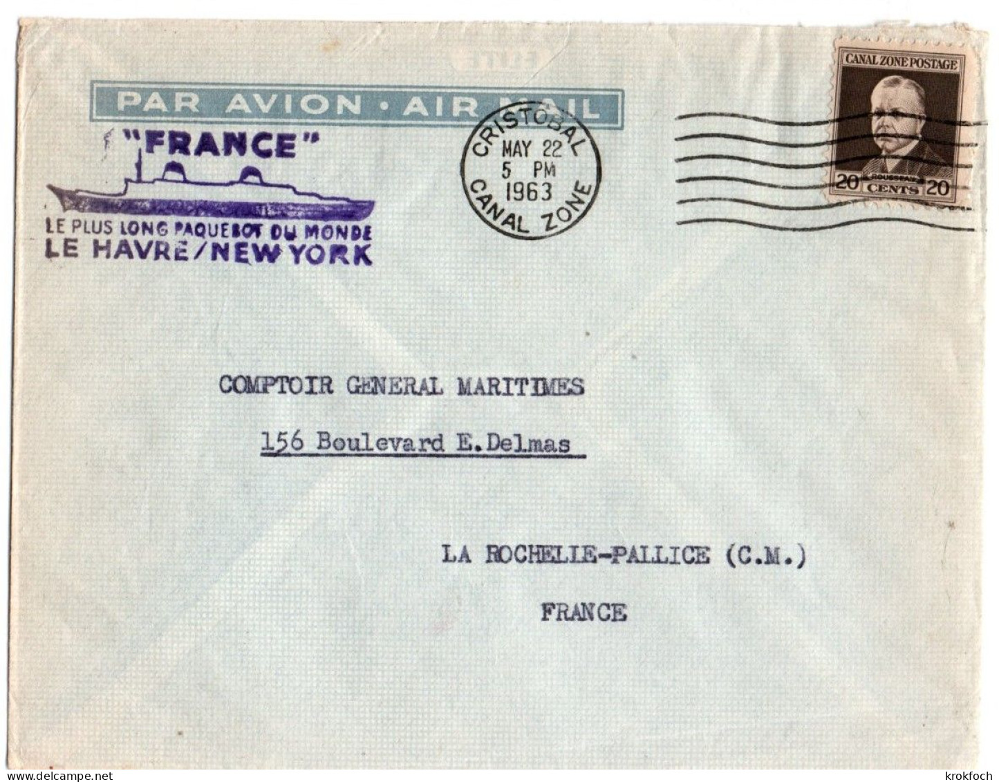 Paquebot France - Escale Panama 05.1963 - Cristobal Canal Zone - Maritime Post