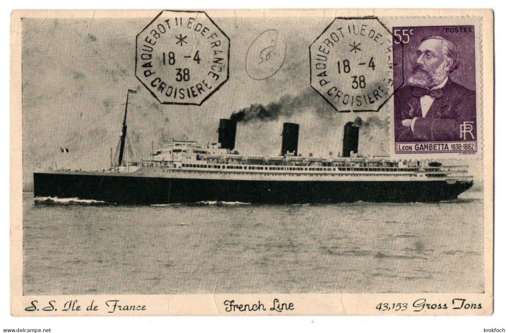 Paquebot Ile De France - Hexagonale Croisière 1938 - Poste Maritime