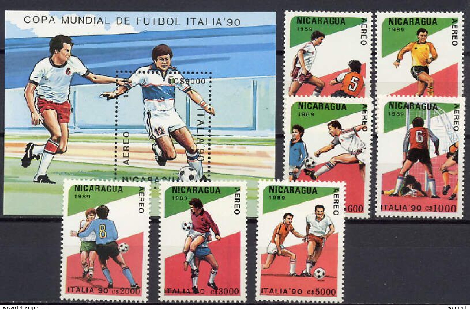 Nicaragua 1989 Football Soccer World Cup Set Of 7 + S/s MNH - 1990 – Italy