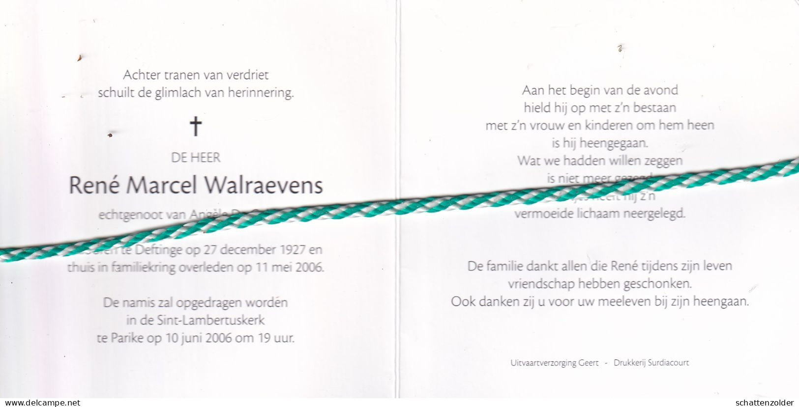 René Marcel Walraevens-De Cubber, Deftinge 1927, 2006. Foto - Obituary Notices