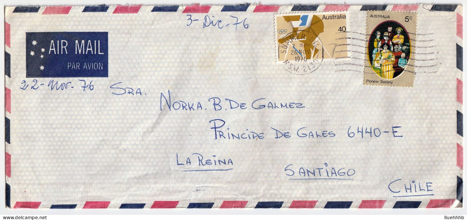 AUSTRALIA: 1976 Airmail Cover To CHILE, 40c Cycling Olympics - Brieven En Documenten