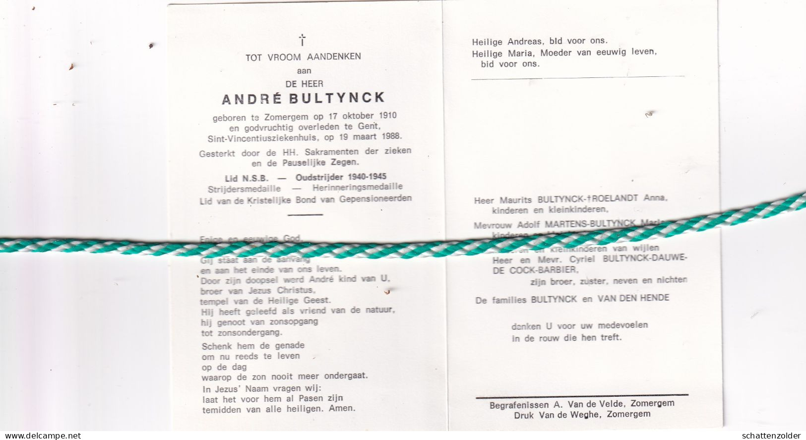 André Bultynck, Zomergem 1910, Gent 1988. Oud-strijder 40-45 - Todesanzeige