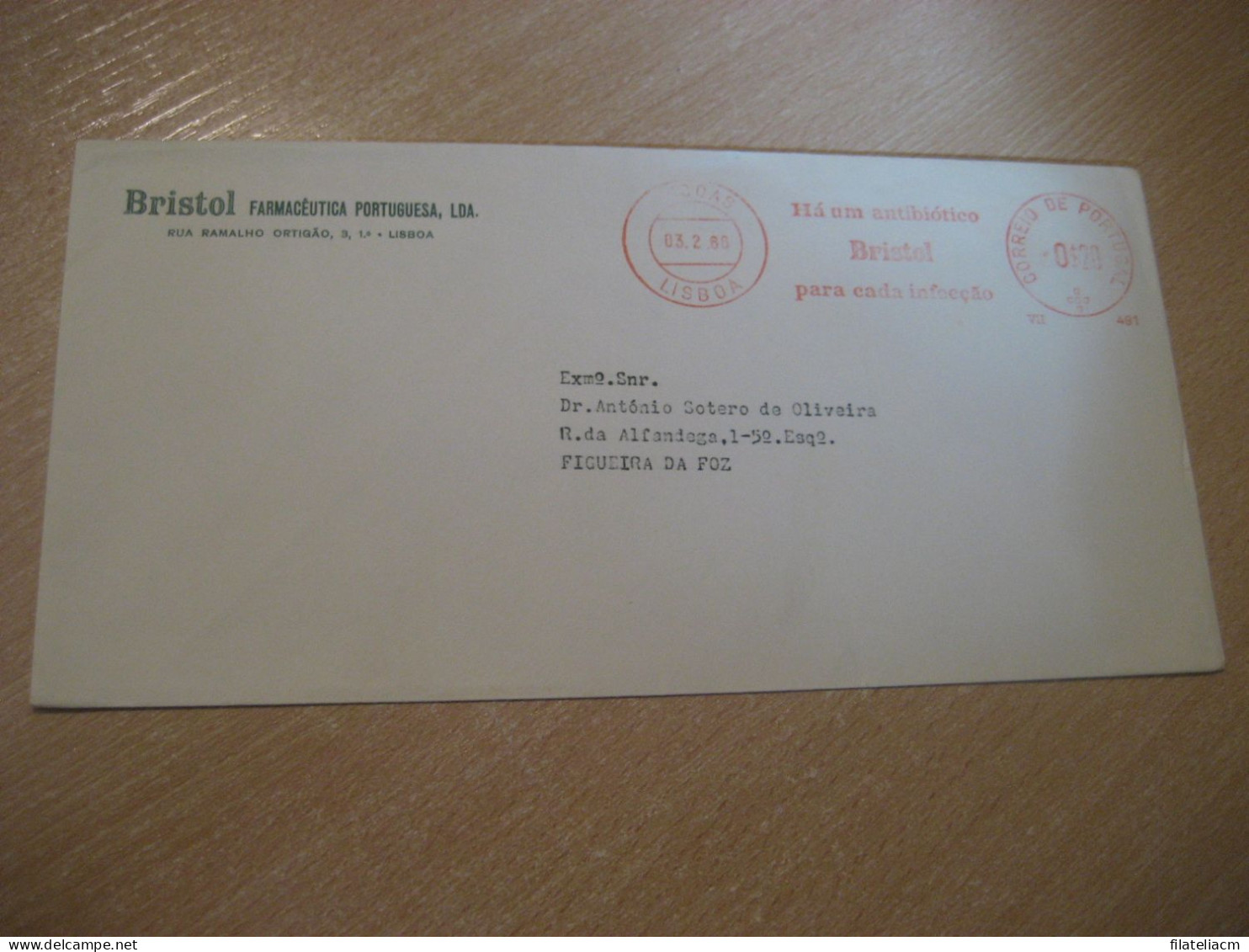 LISBOA 1966 To Figueira Da Foz BRISTOL Antibiotico Pharmacy Health Sante Meter Mail Cancel Cover PORTUGAL - Lettres & Documents