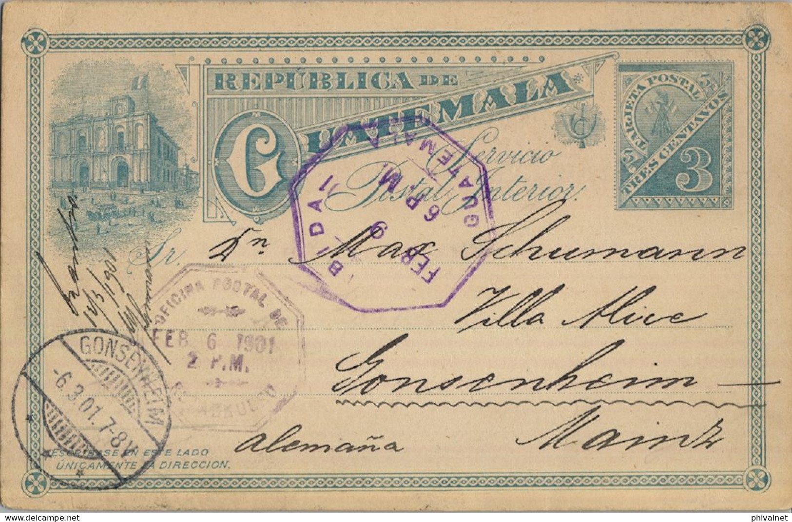 1901 GUATEMALA , VILLA ALICE - GONSENHEIM , ENTERO POSTAL CIRCULADO , LLEGADA - Guatemala