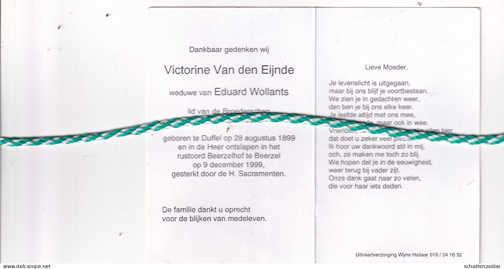 Victorine Van Den Eijnde-Wollants, Duffel 1899, Beerzel 1999. Honderdjarige. - Obituary Notices