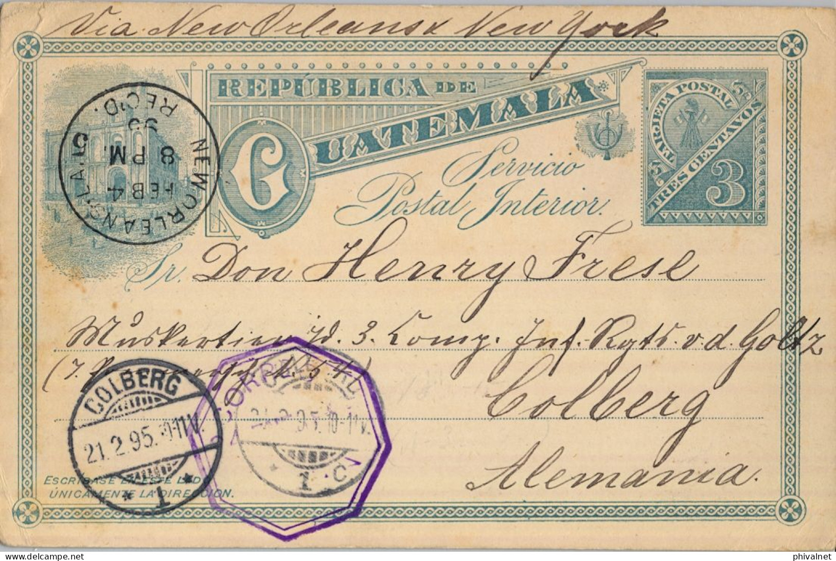 1895 GUATEMALA , COBÁN - COLBERG , ENTERO POSTAL CIRCULADO VIA NEW ORLEANS , NEW YORK , LLEGADA - Guatemala
