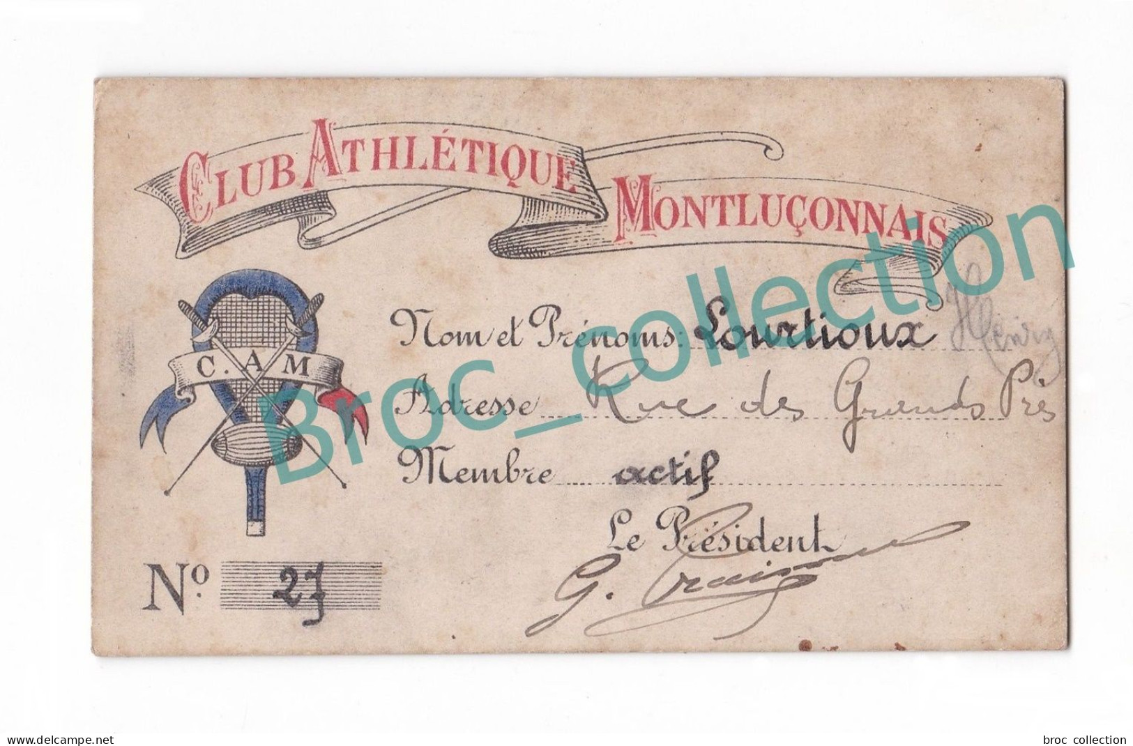 Montluçon, Carte De Membre Du Club Athlétique Montluçonnais N° 27, Henry Lourtioux - Membership Cards