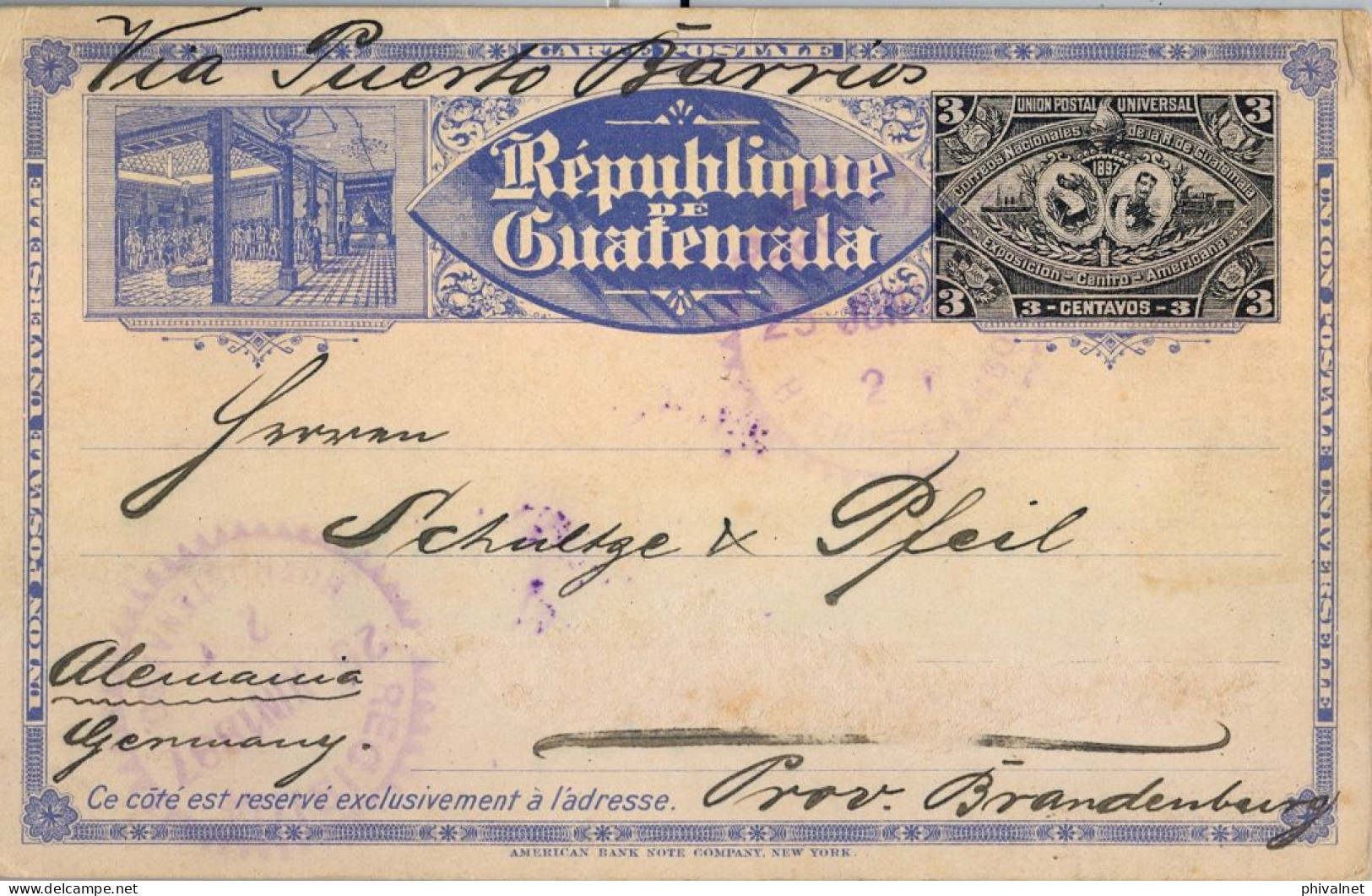 1897 GUATEMALA , PORVENIR - ALEMANIA , ENTERO POSTAL CIRCULADO VIA PUERTO BARRIOS - Guatemala