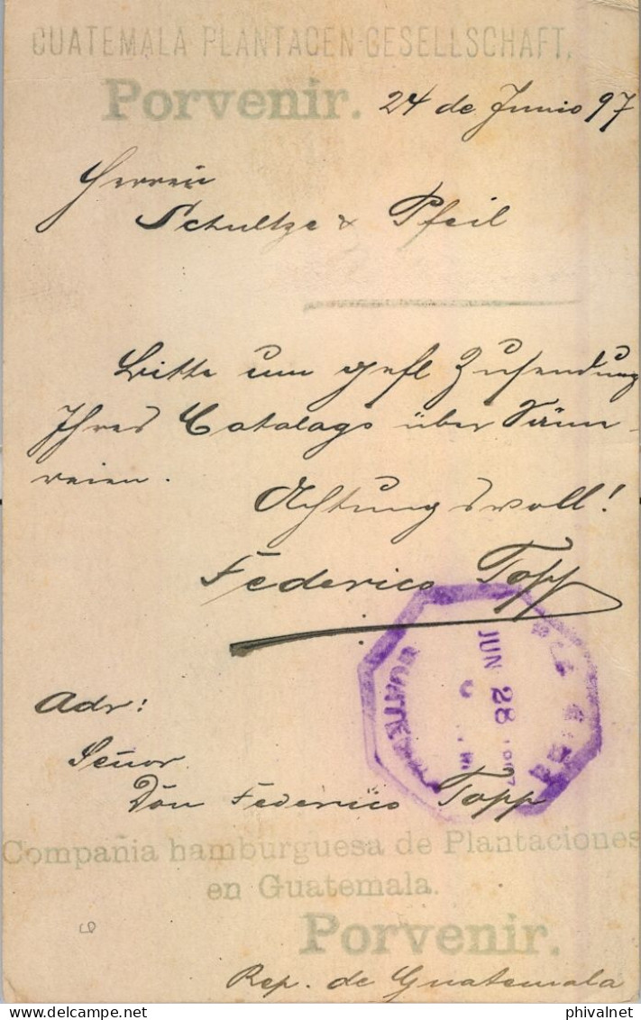 1897 GUATEMALA , PORVENIR - ALEMANIA , ENTERO POSTAL CIRCULADO VIA PUERTO BARRIOS - Guatemala