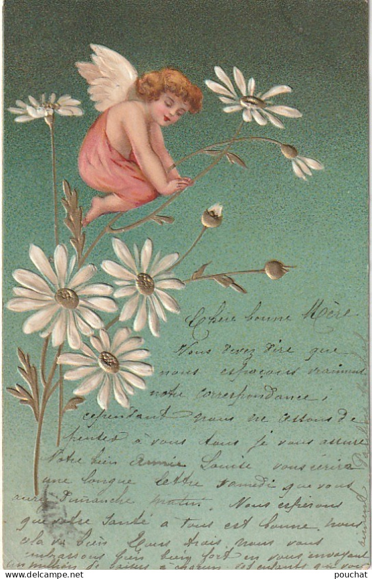 AA+ 35- CARTE FANTAISIE GAUFREE - CHERUBIN SUR TIGE DE MARGUERITE - DORURE ( COEURS ET TIGES ) - Other & Unclassified