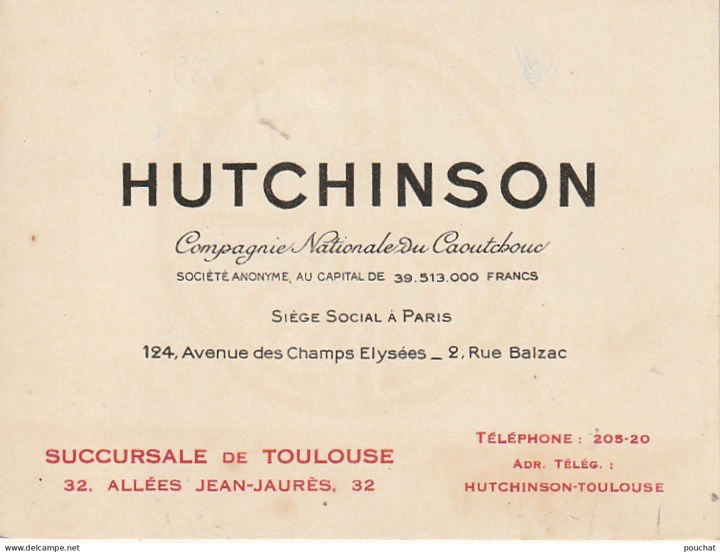 AA+ 36 - HUTCHINSON - COMPAGNIE NATIONALE DU CAOUTCHOUC ( PARIS ) - CARTE DE VISITE SUCCURSALE DE TOULOUSE - Visitenkarten